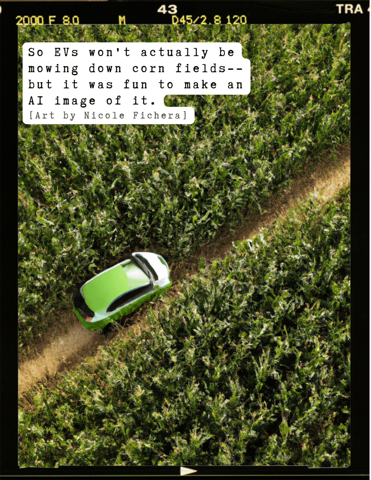 Stylized AI Image of EV dricing over a corn field-1
